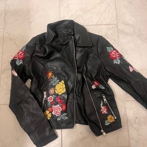 never been worn black leather jacket with floral design